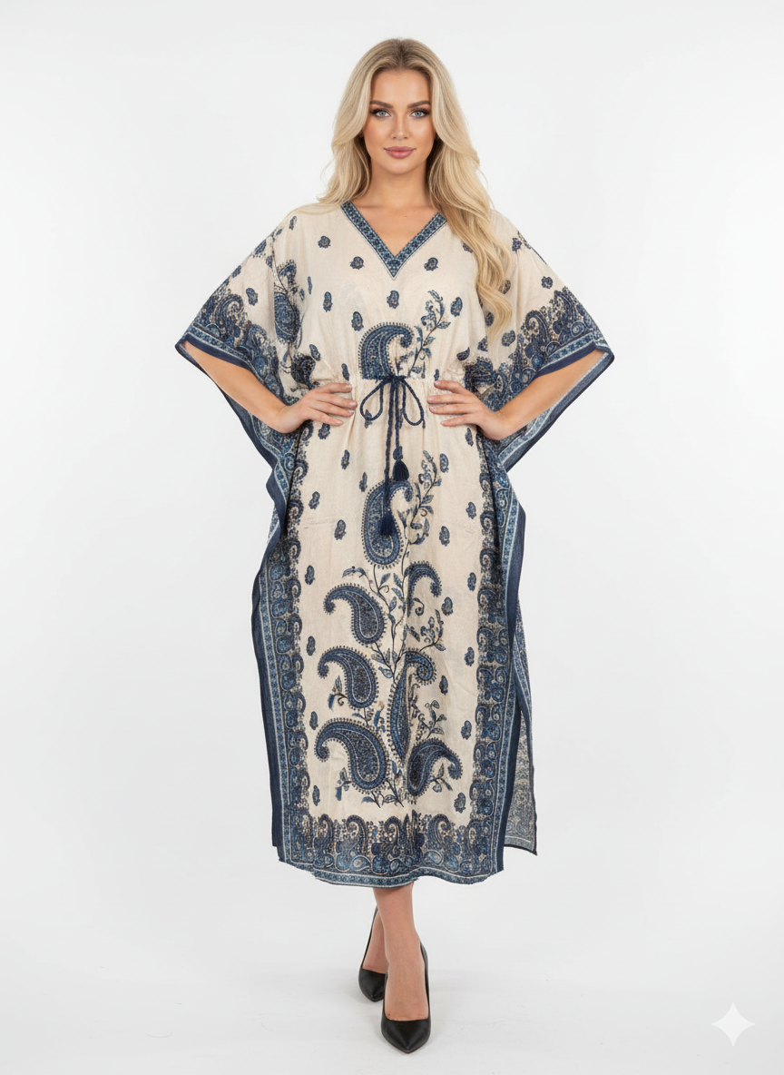 Beige Blue Paisley Print Kaftan | Polyester Abaya Maxi Dress | Jalabiya