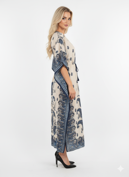 Beige Blue Paisley Print Kaftan | Polyester Abaya Maxi Dress | Jalabiya