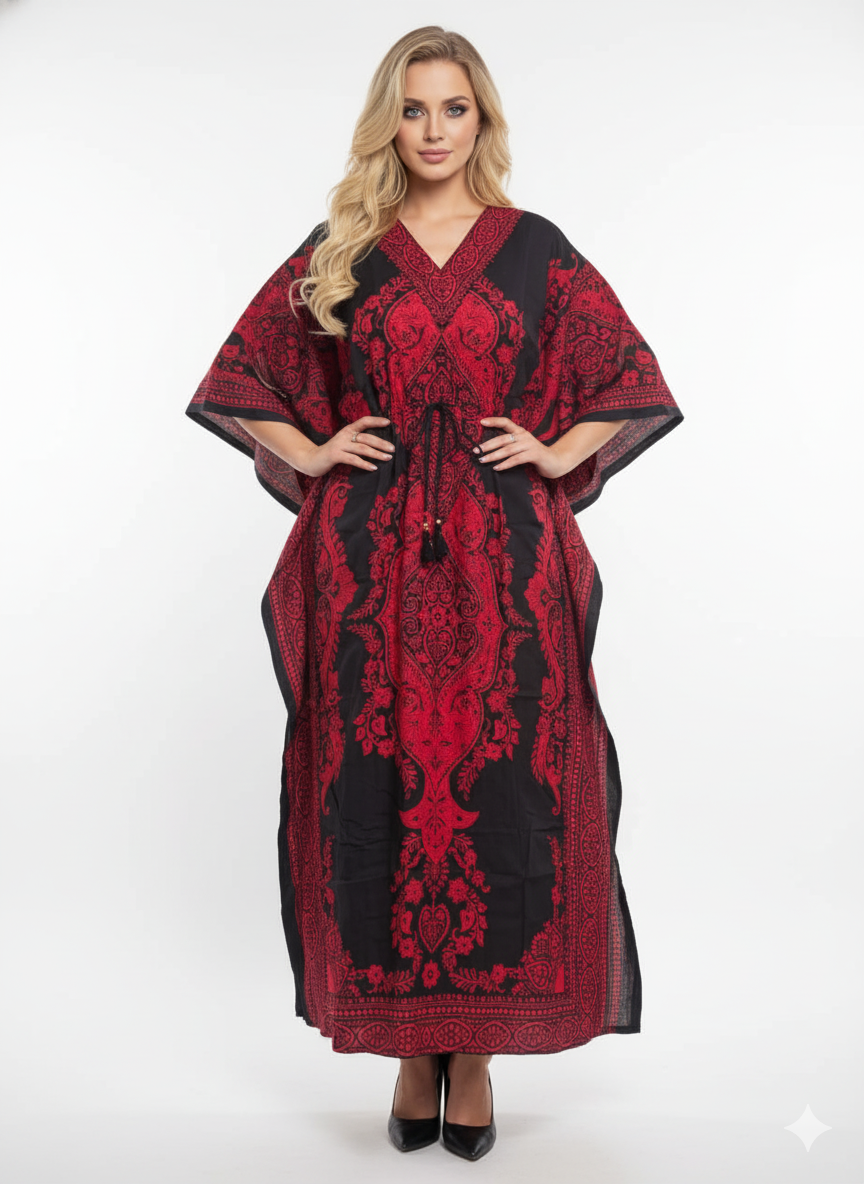 Maroon Black Trendy Paisley Kaftan | Polyester Abaya Maxi Dress | Jalabiya