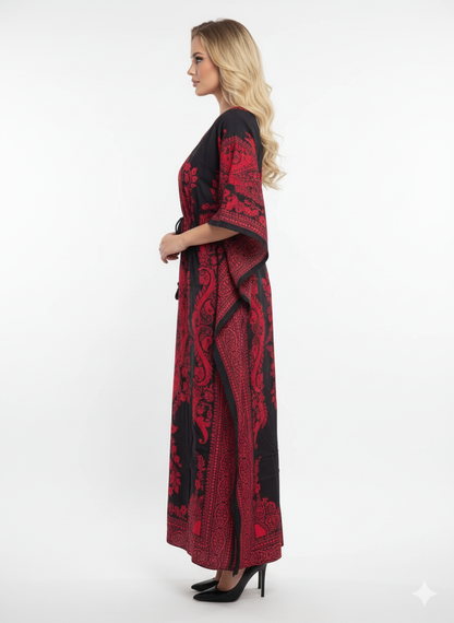 Maroon Black Trendy Paisley Kaftan | Polyester Abaya Maxi Dress | Jalabiya