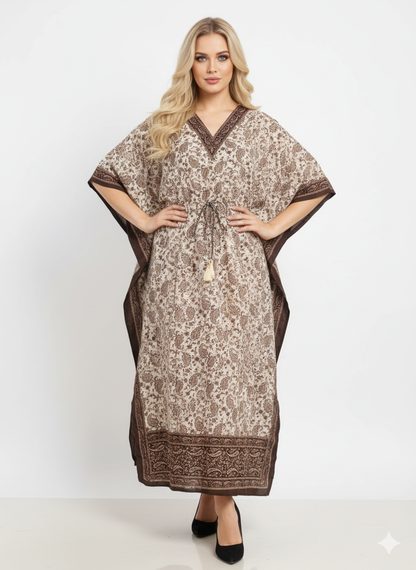 Brown Border Paisley Kaftan | Modest Polyester Abaya Maxi Dress | Jalabiya
