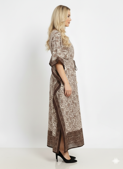 Brown Border Paisley Kaftan | Modest Polyester Abaya Maxi Dress | Jalabiya