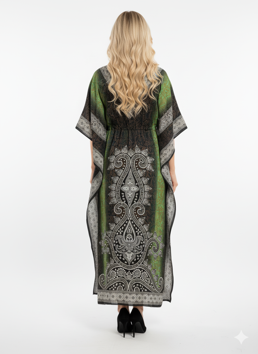 Green Ombré Paisley Kaftan | Polyester Abaya Maxi Dress| Jalabiya