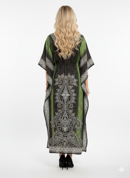 Green Ombré Paisley Kaftan | Polyester Abaya Maxi Dress| Jalabiya