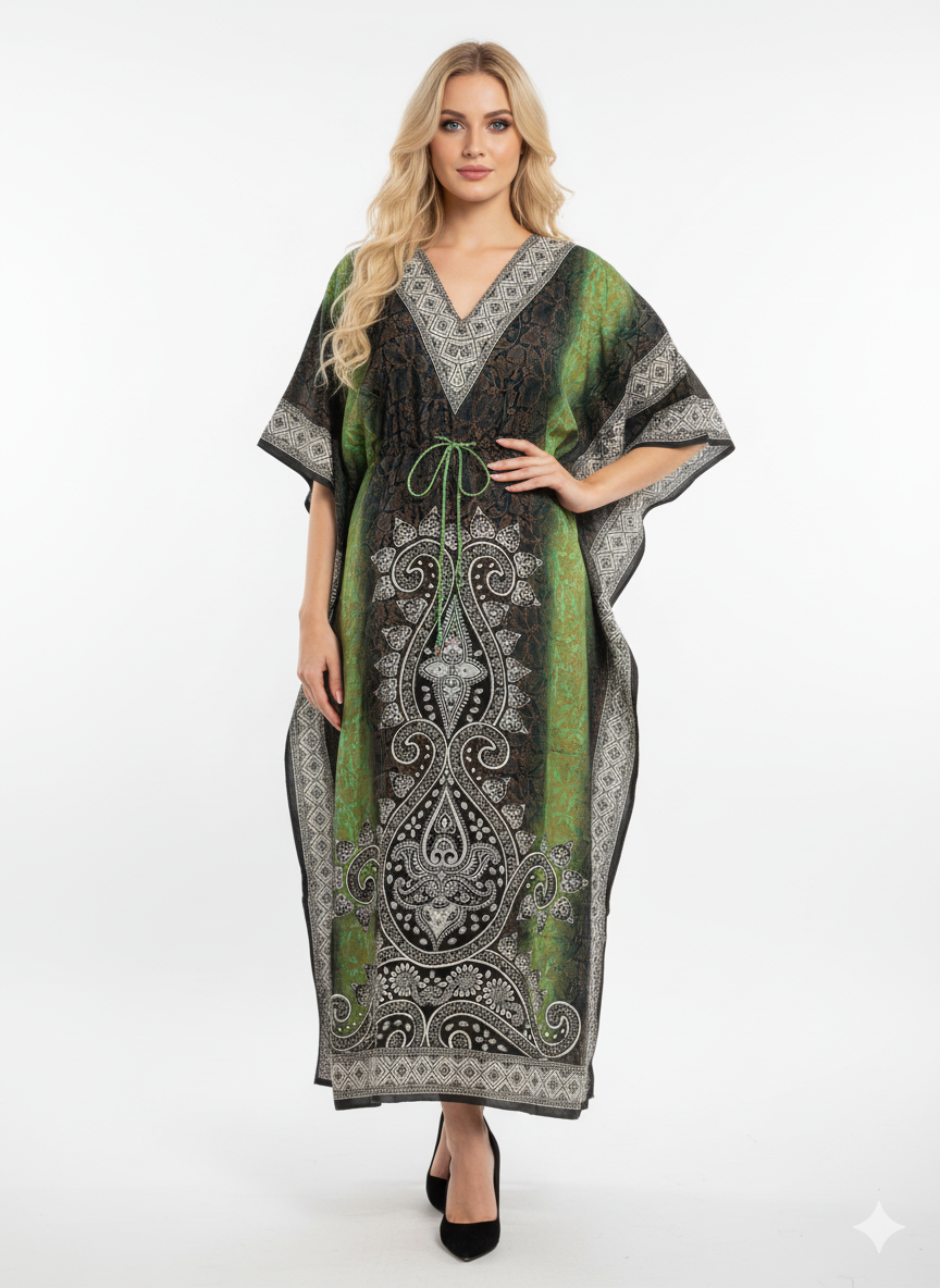 Green Ombré Paisley Kaftan | Polyester Abaya Maxi Dress| Jalabiya