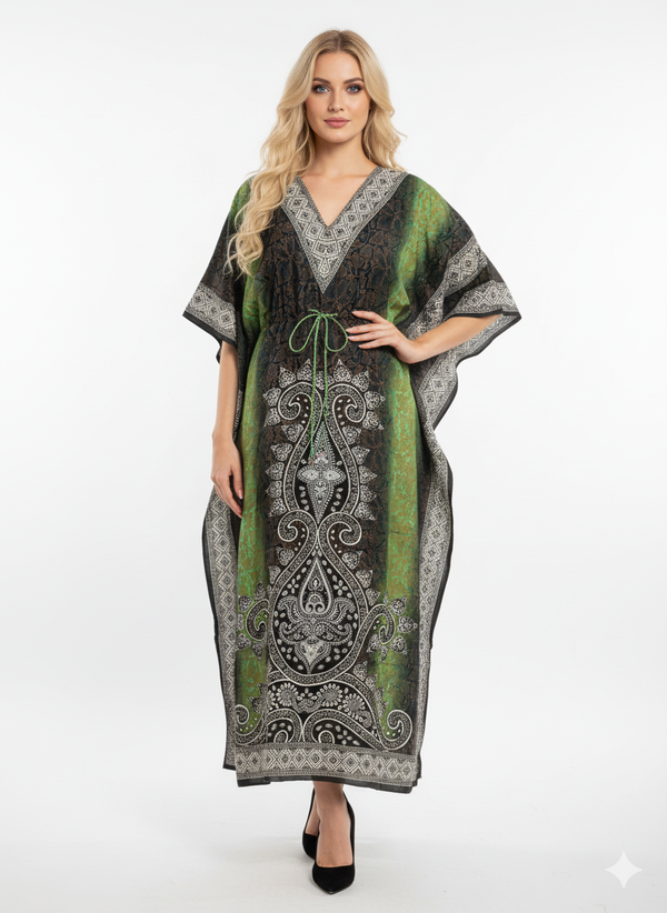 Green Ombré Paisley Kaftan | Polyester Abaya Maxi Dress| Jalabiya