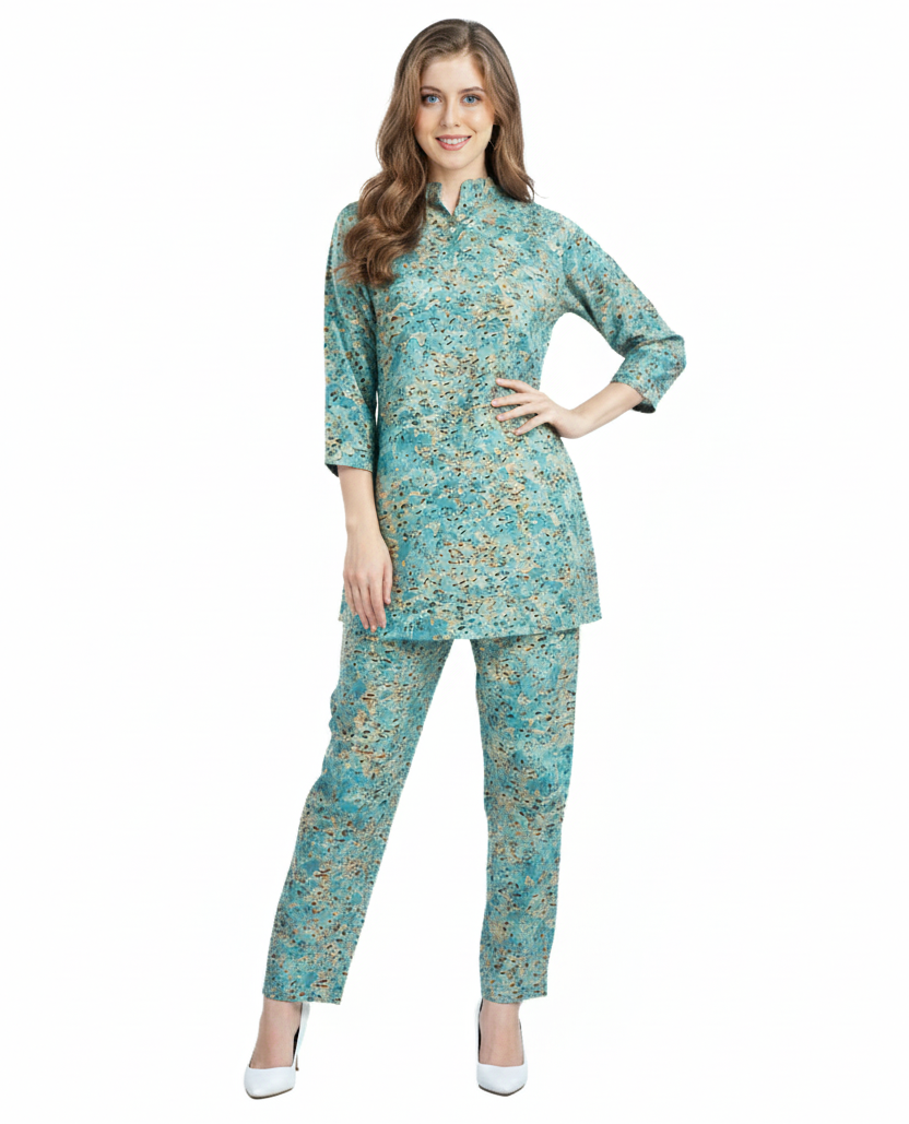 Teal Floral Print Rayon Kurti Set & Pant Co-ord Sets | Modest Elegant Wear