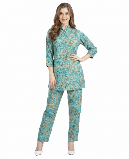Teal Floral Print Rayon Kurti Set & Pant Co-ord Sets | Modest Elegant Wear