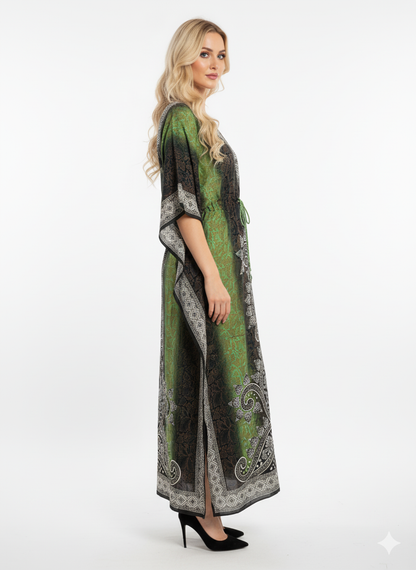 Green Ombré Paisley Kaftan | Polyester Abaya Maxi Dress| Jalabiya