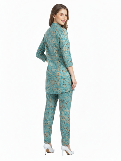 Teal Floral Print Rayon Kurti Set & Pant Co-ord Sets | Modest Elegant Wear