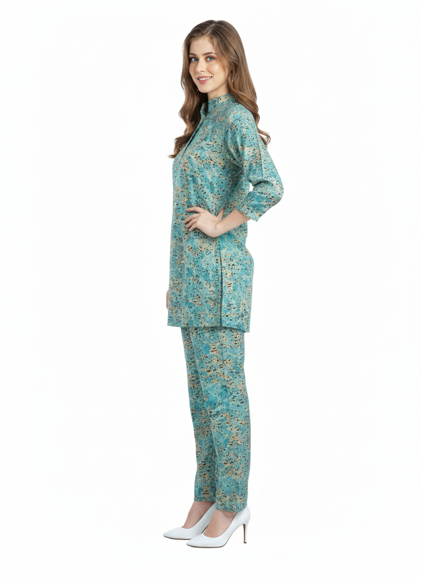 Teal Floral Print Rayon Kurti Set & Pant Co-ord Sets | Modest Elegant Wear