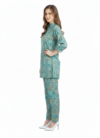 Teal Floral Print Rayon Kurti Set & Pant Co-ord Sets | Modest Elegant Wear