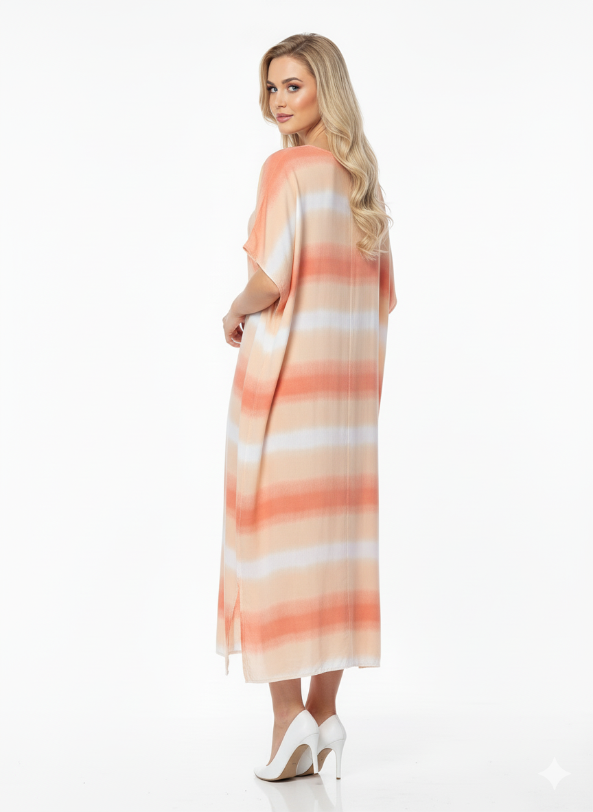 Peach & White Tie-Dye Stripe Rizqé Rayon Kaftan Dress Beach Cover-Up & Loungewear