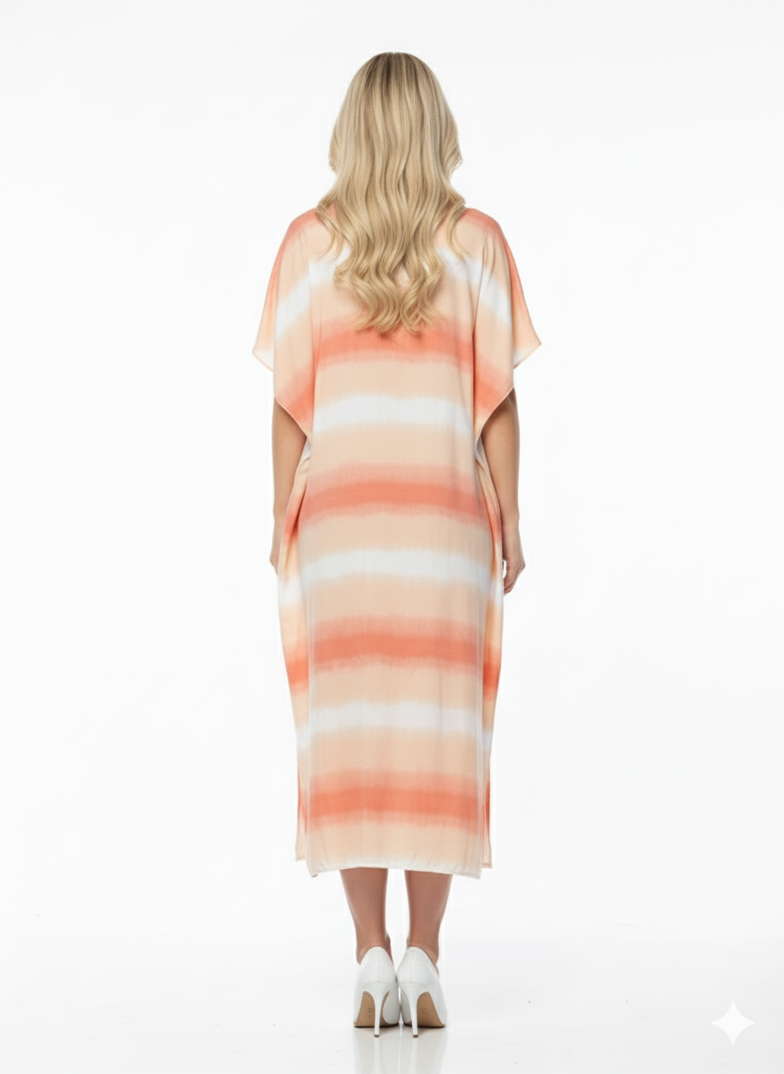 Peach & White Tie-Dye Stripe Rizqé Rayon Kaftan Dress Beach Cover-Up & Loungewear