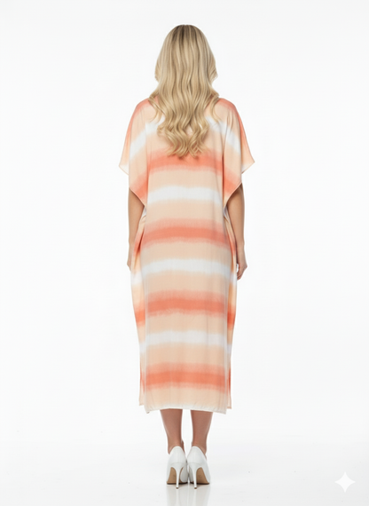 Peach & White Tie-Dye Stripe Rizqé Rayon Kaftan Dress Beach Cover-Up & Loungewear