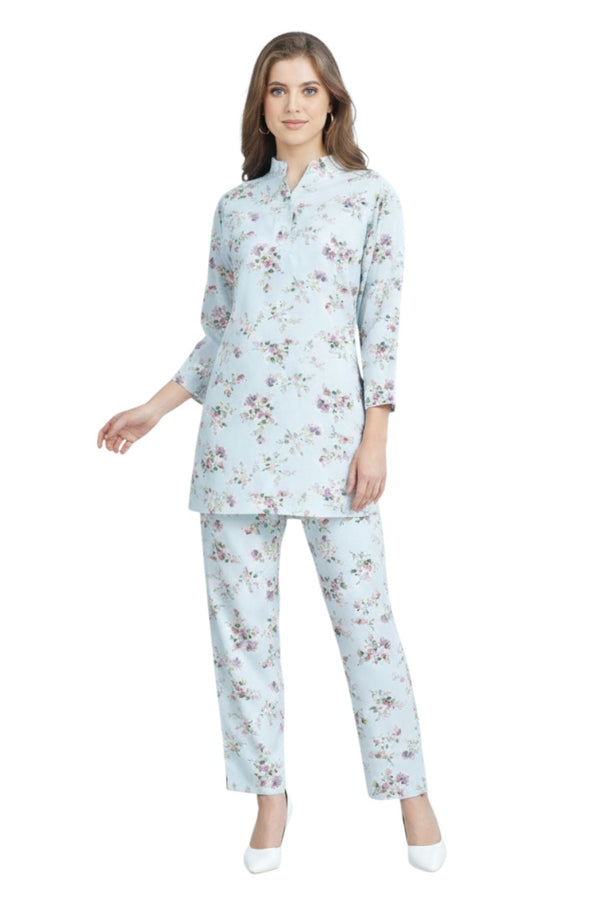 Light Blue Floral Kurti & Pant Set | Rayon Co-ord Set | Modest Fashion