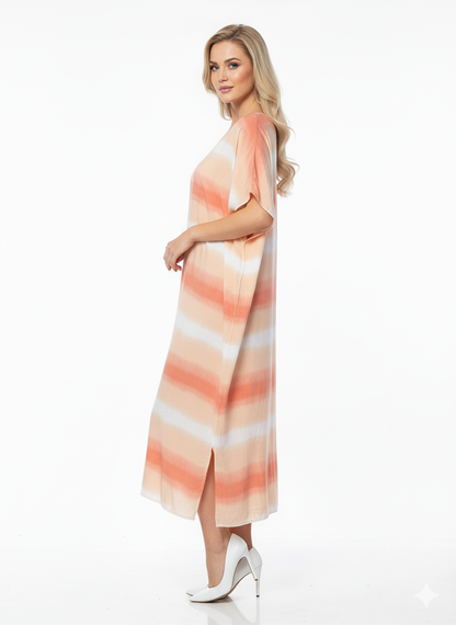 Peach & White Tie-Dye Stripe Rizqé Rayon Kaftan Dress Beach Cover-Up & Loungewear
