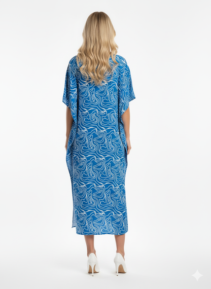 Royal Blue & White Abstract Swirl Print Kaftan | Beach Cover-Up & Modest Loungewear