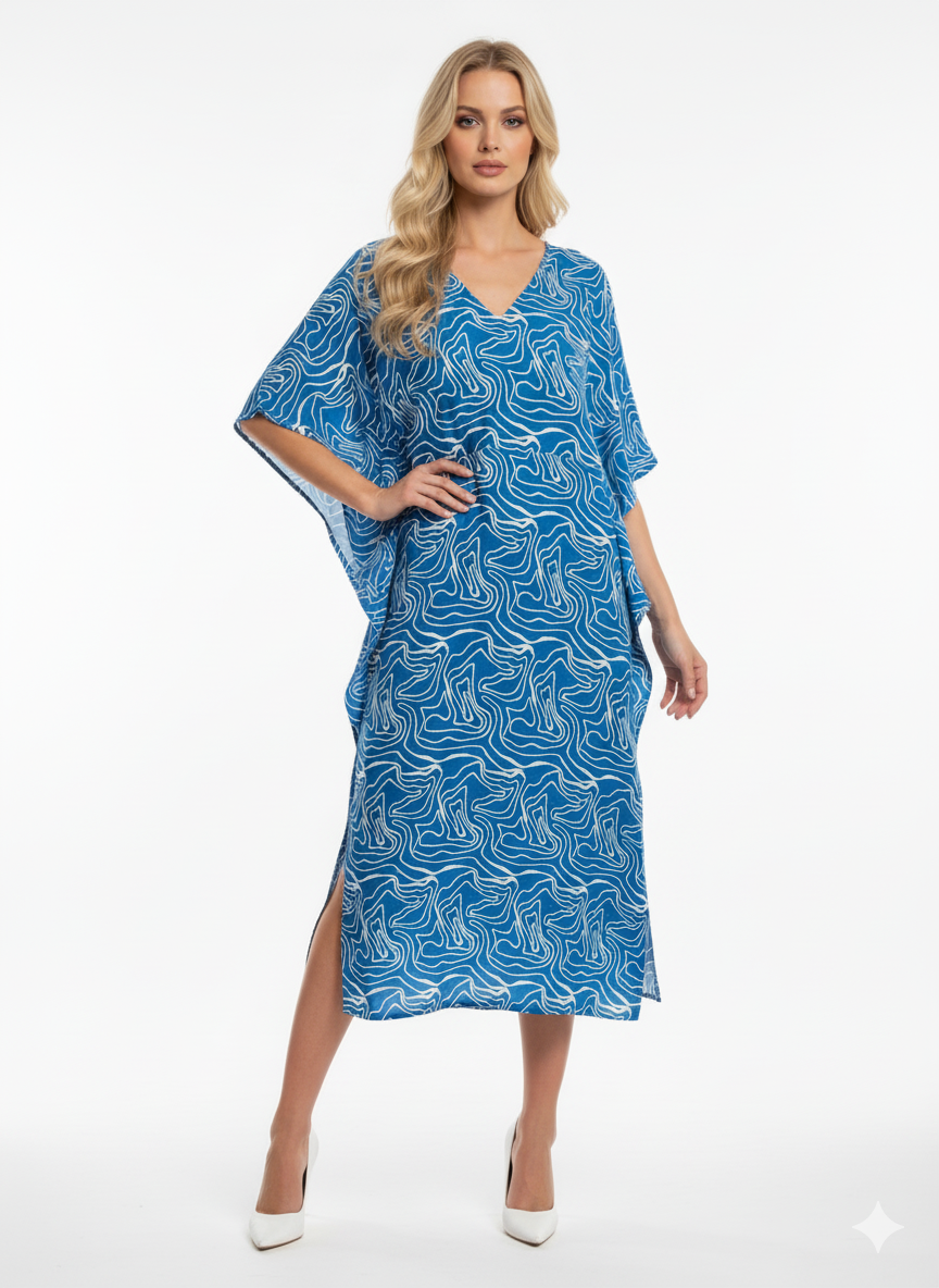 Royal Blue & White Abstract Swirl Print Kaftan | Beach Cover-Up & Modest Loungewear