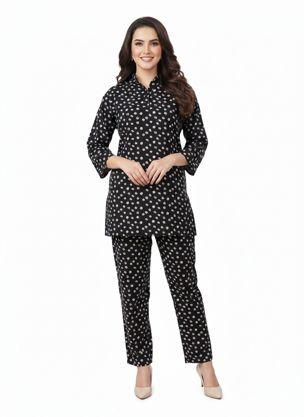 Midnight Polka Dot Printed Kurti Co-ord Set | Rizqé by Zadine Classic Tunic & Trousers
