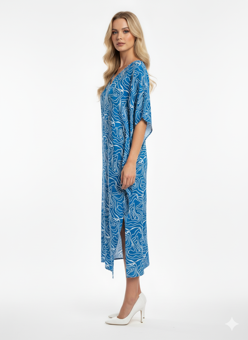 Royal Blue & White Abstract Swirl Print Kaftan | Beach Cover-Up & Modest Loungewear