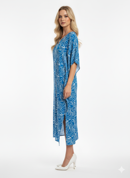 Royal Blue & White Abstract Swirl Print Kaftan | Beach Cover-Up & Modest Loungewear