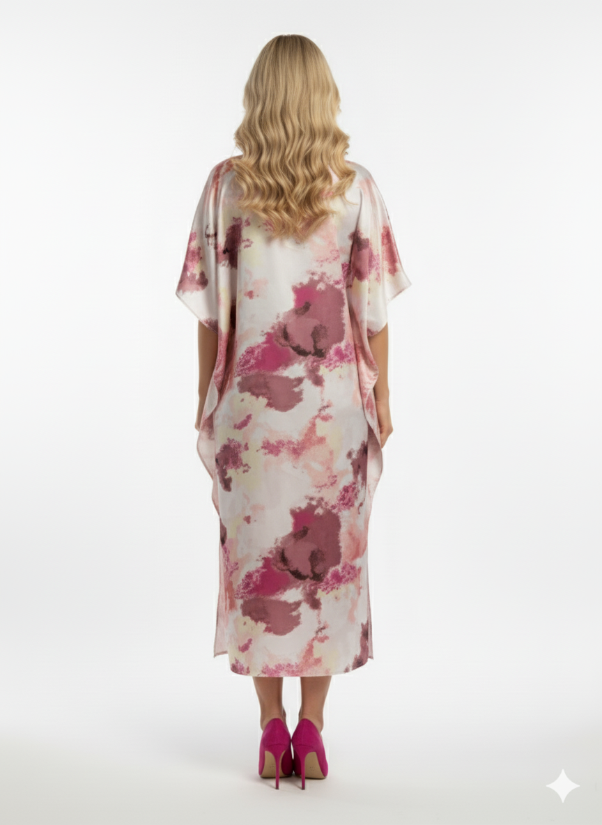 Luxury Satin Abstract Print in Pink, Mauve & Ivory Kaftan | Beach Cover-Up & Modest Loungewear (Copy)