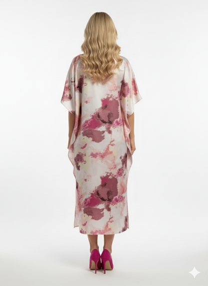 Luxury Satin Abstract Print in Pink, Mauve & Ivory Kaftan | Beach Cover-Up & Modest Loungewear (Copy)