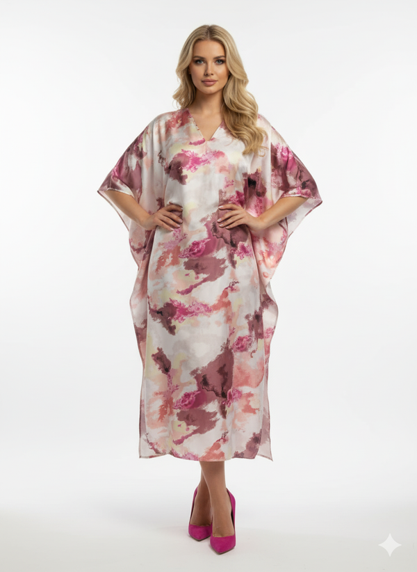 Luxury Satin Abstract Print in Pink, Mauve & Ivory Kaftan | Beach Cover-Up & Modest Loungewear (Copy)