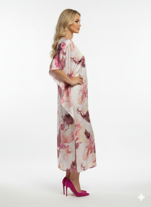 Luxury Satin Abstract Print in Pink, Mauve & Ivory Kaftan | Beach Cover-Up & Modest Loungewear (Copy)