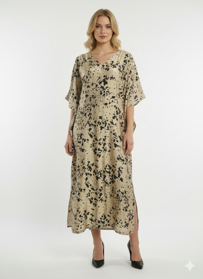 Chic Golden & Black Splatter Print Satin Kaftan | Beach Cover-Up & Modest Loungewear