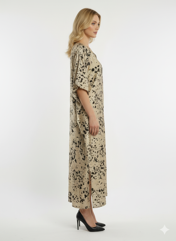 Chic Golden & Black Splatter Print Satin Kaftan | Beach Cover-Up & Modest Loungewear