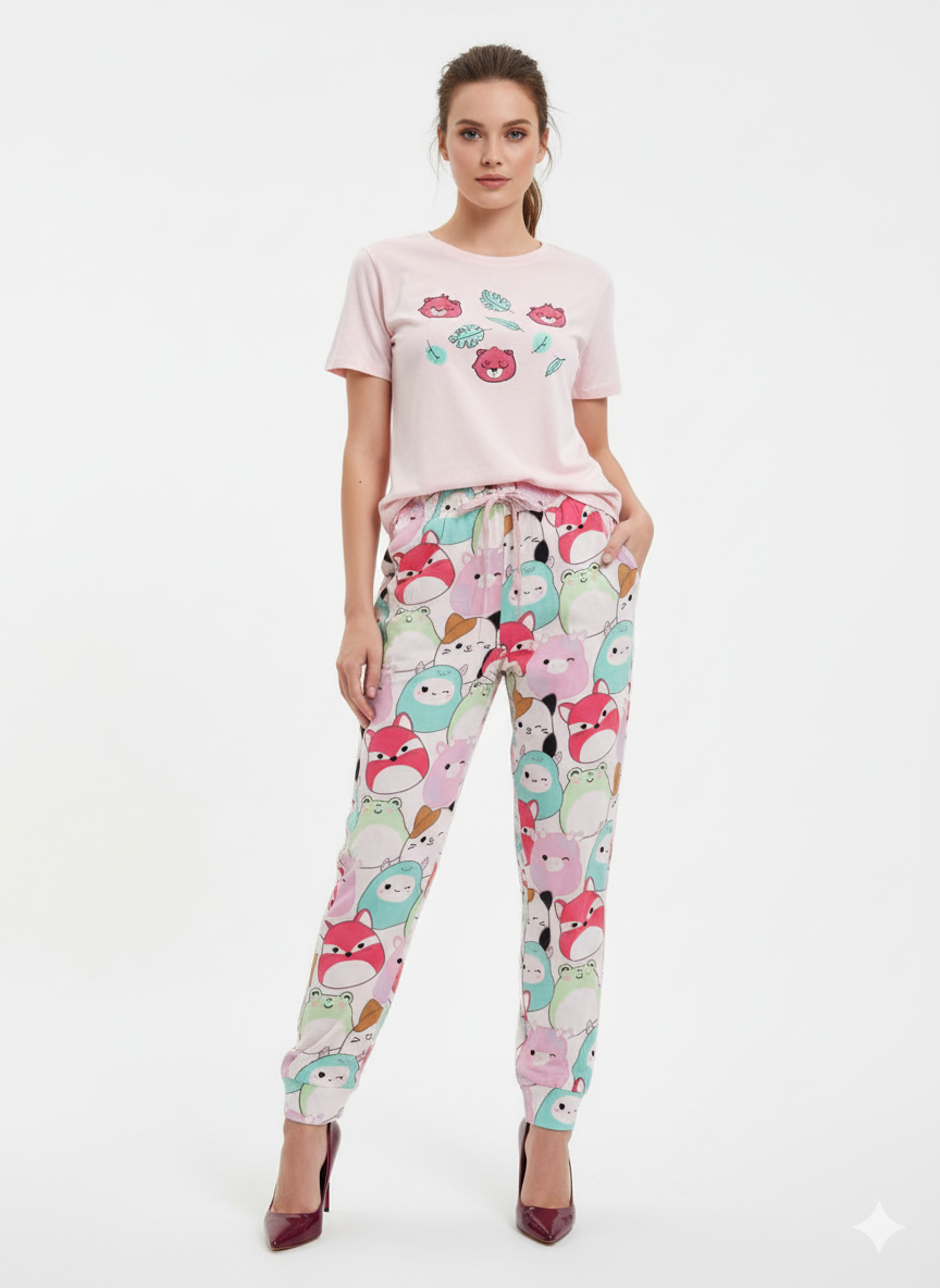 Rizqé Women's Cartoon Print T-Shirt & Pyjama Pant Set | Lycra Night Suit