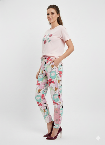 Rizqé Women's Cartoon Print T-Shirt & Pyjama Pant Set | Lycra Night Suit