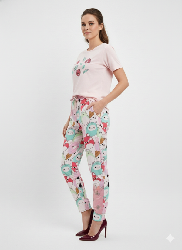 Rizqé Women's Cartoon Print T-Shirt & Pyjama Pant Set | Lycra Night Suit