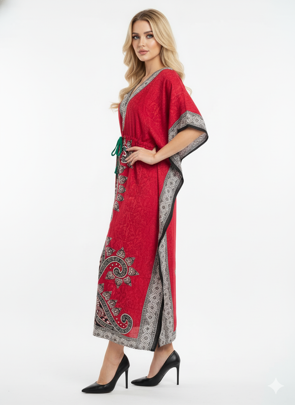 Gorgeous Red Paisley Kaftan | Polyester Abaya Maxi Dress | Jalabiya