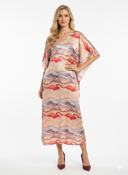 Luxury Satin Wavy Abstract Print | Elegant Beach Cover-Up & Modest Loungewear