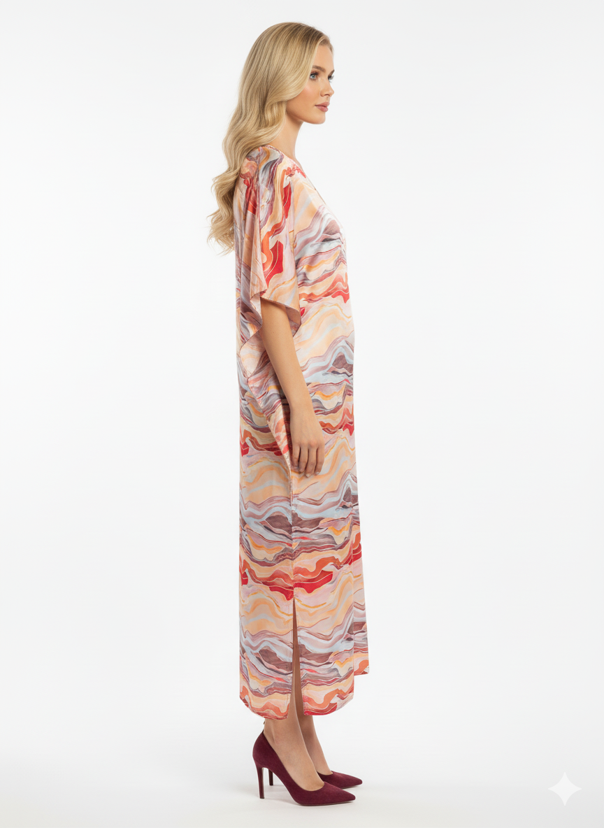 Luxury Satin Wavy Abstract Print | Elegant Beach Cover-Up & Modest Loungewear