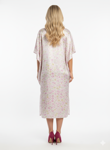 Chic Pastel Heart Print Satin Kaftan | Loungewear Maxi Dress | Elegant Beach Cover-Up