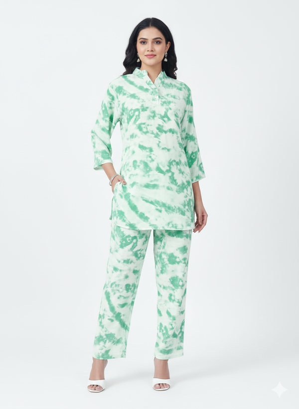 Mint Aura Tie-Dye Kurti Co-ord Set | Rizqé by Zadine Trendy Lounge & Modest Wear
