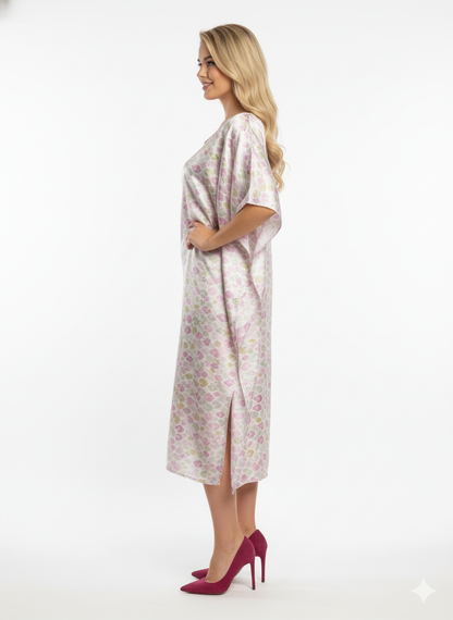 Chic Pastel Heart Print Satin Kaftan | Loungewear Maxi Dress | Elegant Beach Cover-Up