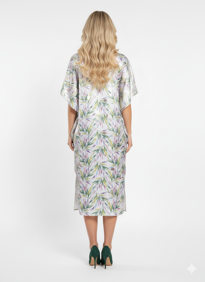Tropical Satin Leaf Print Kaftan Dress | Loungewear Maxi Dress | Elegant Beach Cover-Up