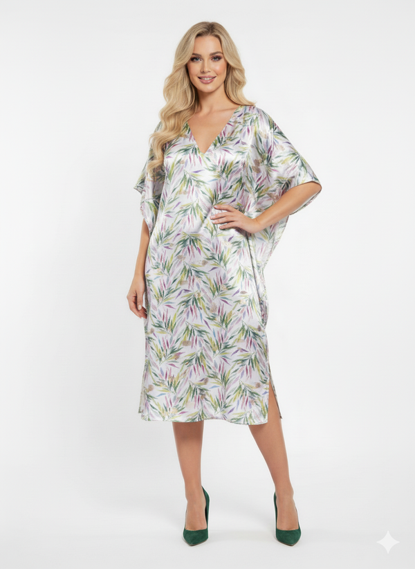 Tropical Satin Leaf Print Kaftan Dress | Loungewear Maxi Dress | Elegant Beach Cover-Up