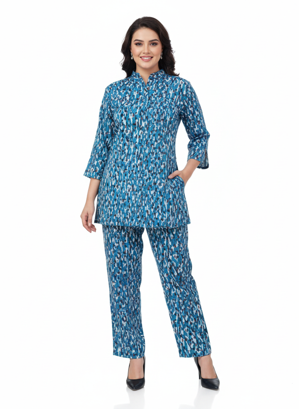 Indigo Ikat Printed Kurti Co-ord Set | Rizqé by Zadine Modern Tunic & Trousers | Imported Chiffon