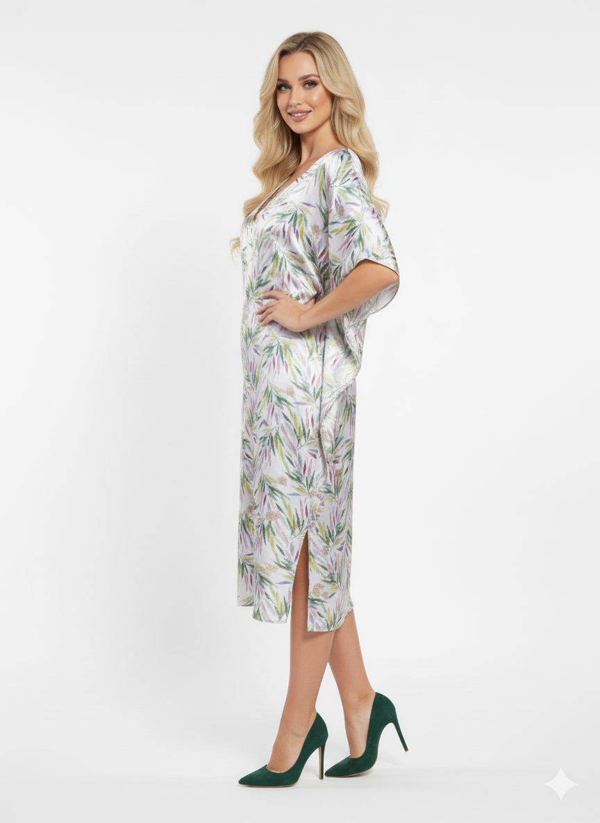 Tropical Satin Leaf Print Kaftan Dress | Loungewear Maxi Dress | Elegant Beach Cover-Up