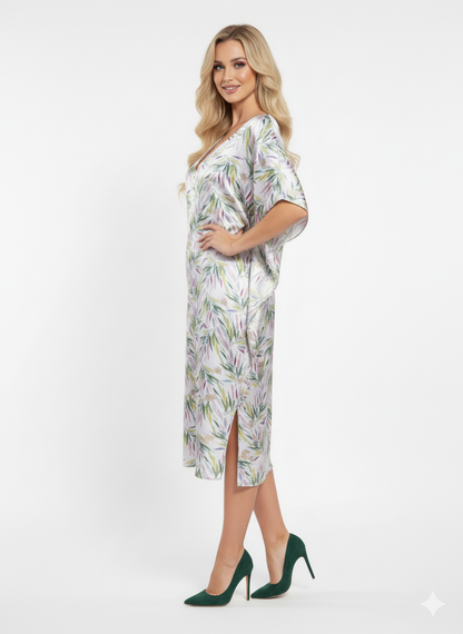 Tropical Satin Leaf Print Kaftan Dress | Loungewear Maxi Dress | Elegant Beach Cover-Up