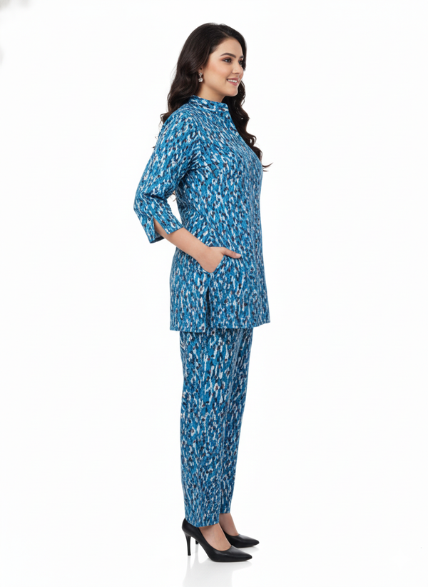 Indigo Ikat Printed Kurti Co-ord Set | Rizqé by Zadine Modern Tunic & Trousers | Imported Chiffon