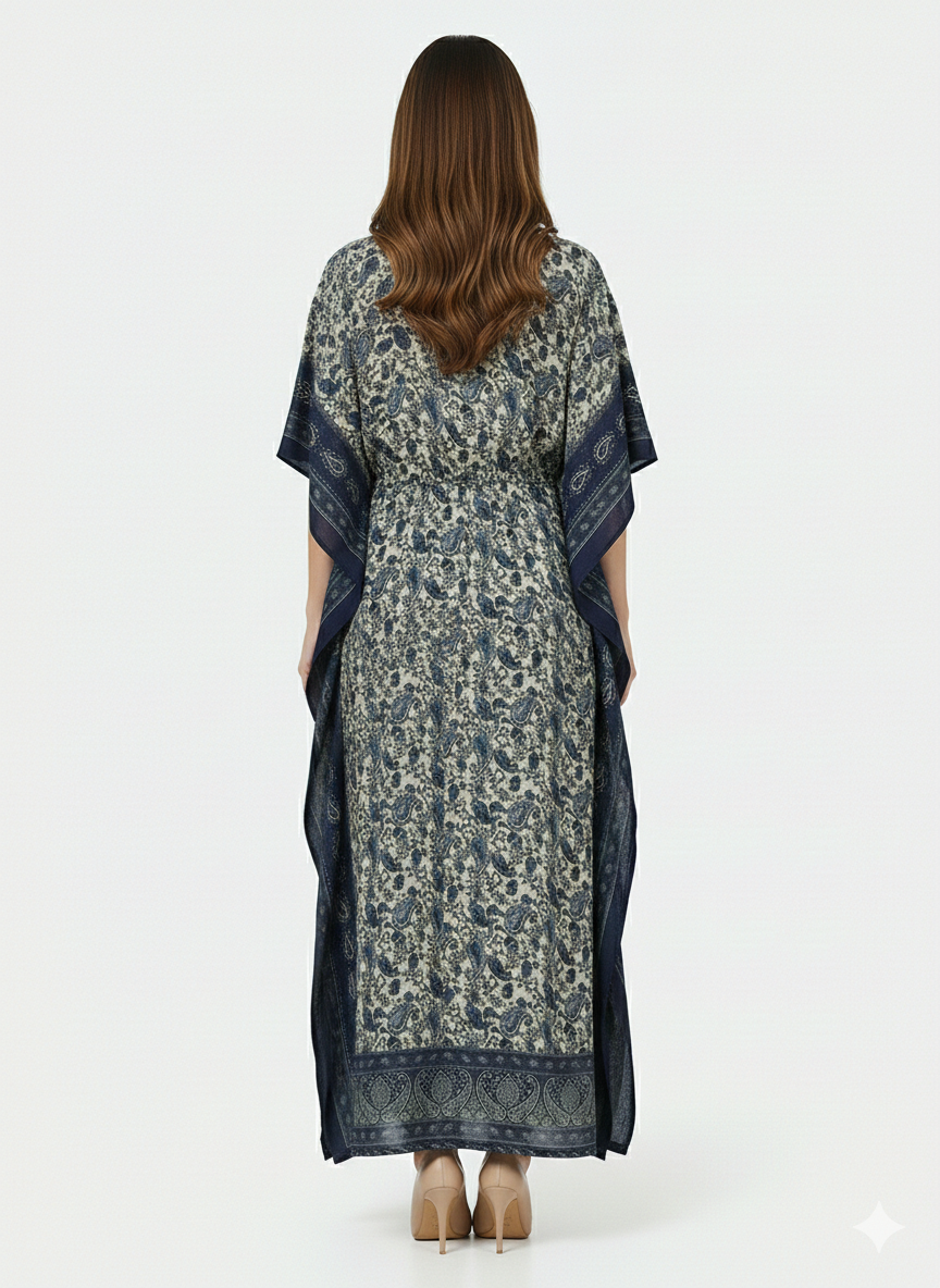 Rizqé Indigo Paisley Serenity Artisanal  Modest Kaftan | Beach Wrap