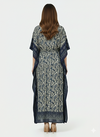 Rizqé Indigo Paisley Serenity Artisanal  Modest Kaftan | Beach Wrap
