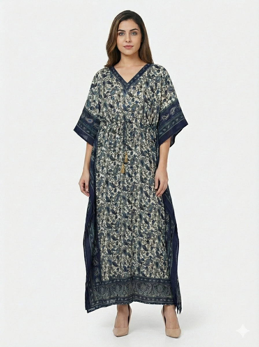 Rizqé Indigo Paisley Serenity Artisanal  Modest Kaftan | Beach Wrap